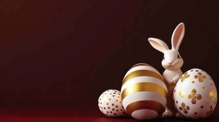Fototapeta premium Elegant golden and white Easter eggs with stripes and dots alongside a bunny figure on a dark red backdrop