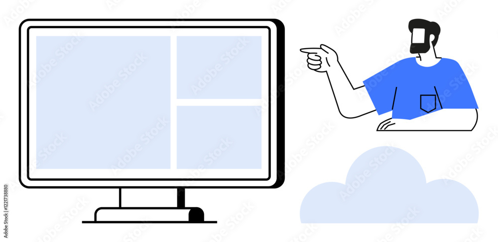 Poster user pointing at large computer screen with partitioned sections blue cloud icon below. ideal for pr