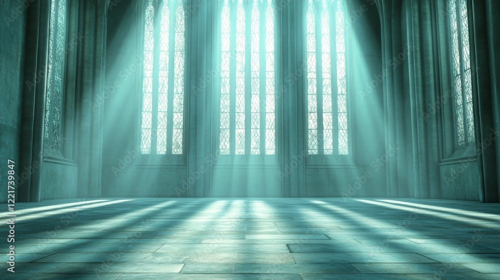 Poster a serene interior space with light streaming through large windows, creating a tranquil atmosphere.