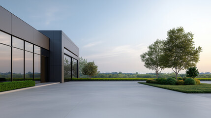 Modern building exterior with landscaped area and trees in background.