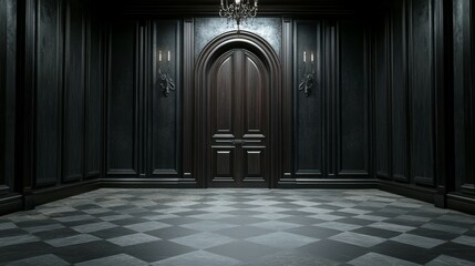 Obraz premium A dark, elegant room featuring a prominent wooden door and checkered floor.