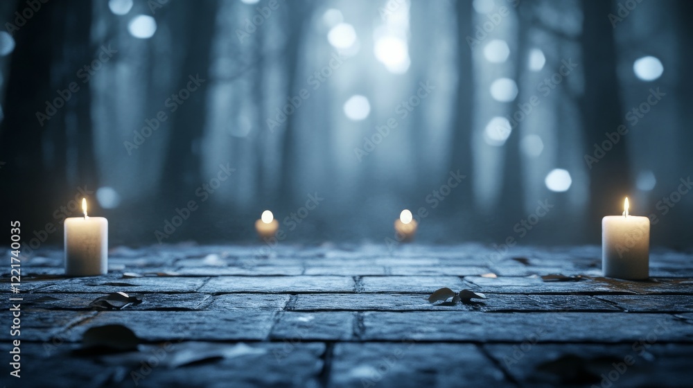 Poster a serene forest scene illuminated by candles on a cobblestone path.