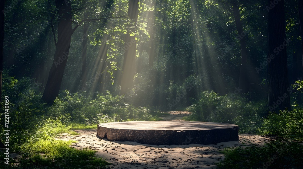 Poster a podium on a sandy path through a forest, with beams of light filtering through the trees and an op