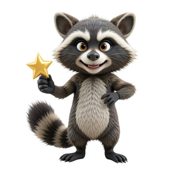 A cheerful cartoon raccoon holds a golden star isolated on transparent background