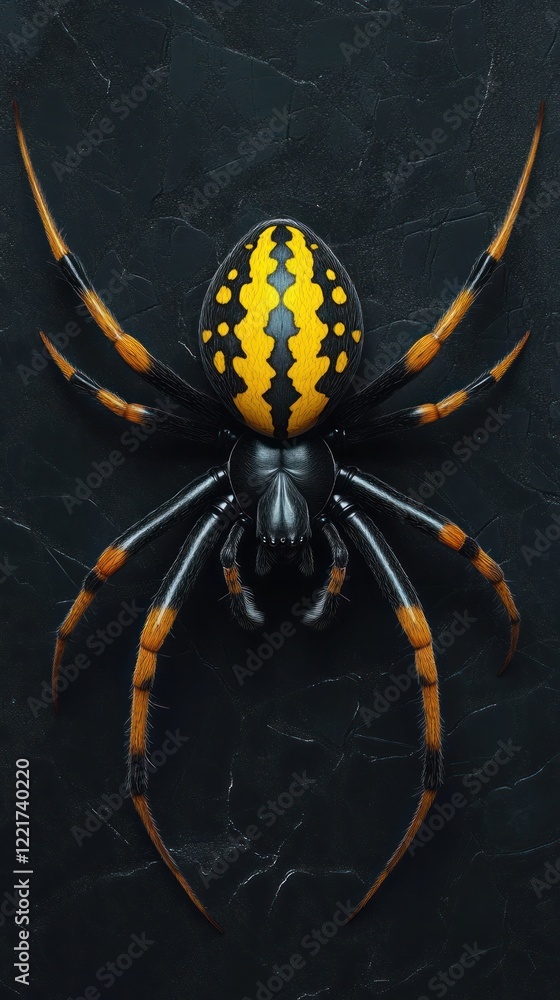 Wall mural vicious venomous spider with striking yellow and black patterns lurking in the dark shadows showcasi
