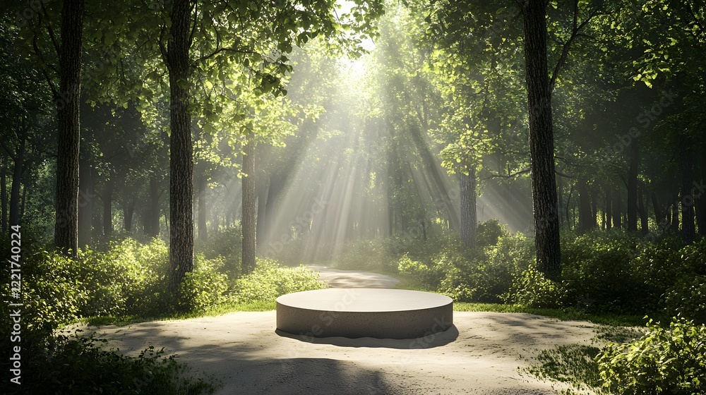 Poster a podium on a sandy path through a forest, with beams of light filtering through the trees and an op