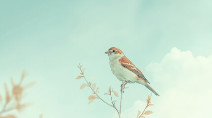 Fototapeta premium A soft watercolor artwork of a bird with earthy tones like ochre and olive green, perched on a small branch with sparse foliage. The composition features gentle washes and fine details