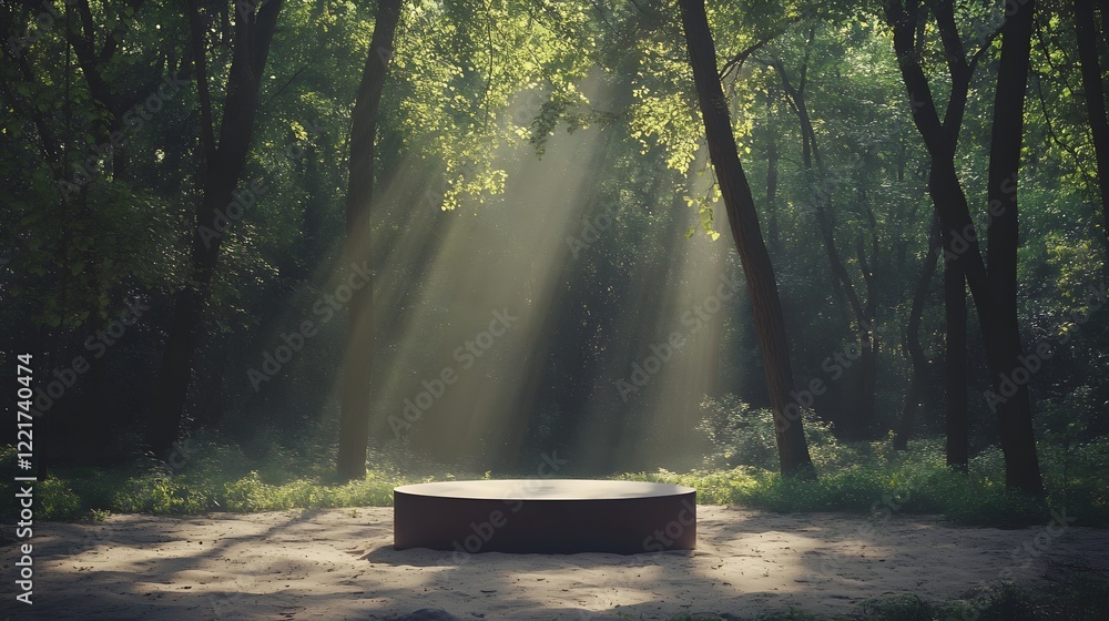 Poster a podium on a sandy path through a forest, with beams of light filtering through the trees and an op