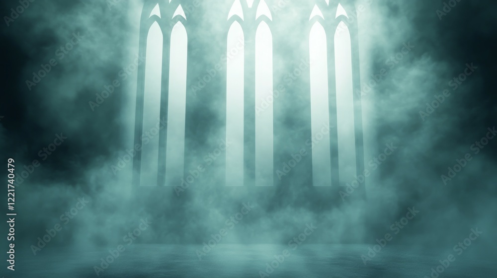 Poster ethereal scene with fog and gothic windows, creating a mystical atmosphere.