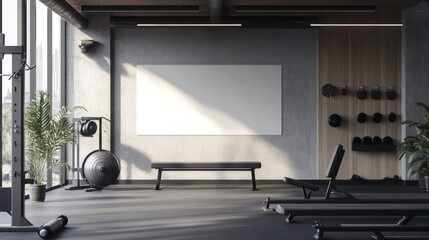 Naklejka na ściany i meble A gym with a white board on the wall and a bench