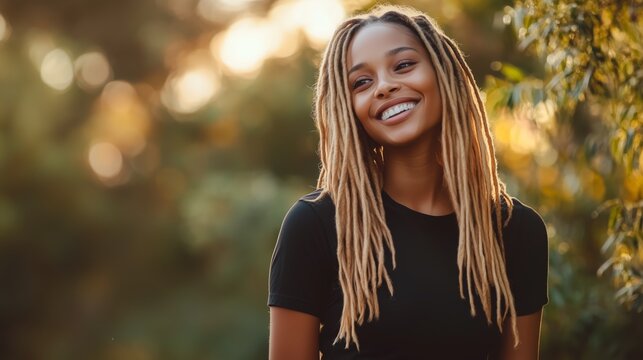 Portrait of black woman with long blonde locks enjoying a sunny day outdoors surrounded by nature. A joyful African American woman with long dreadlocks smiling brightly in a lush outdoor setting.