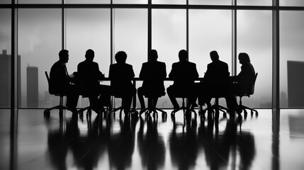 Group of business people sitting around the table in silhouette against a city skyline during a meeting. Business leaders engage in strategic discussion during an important meeting in a modern office.