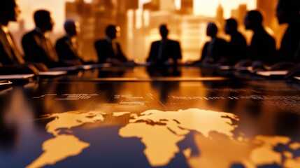 Secret world government leaders gather around a table, strategizing on global governance. Meeting of influential leaders discussing new world order agenda in a modern office with the world map.