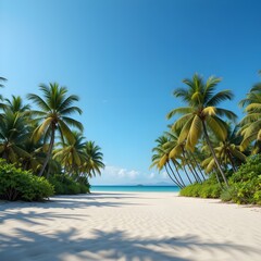 Obraz premium Beach scene with white sand and coconut trees and bushes in summer