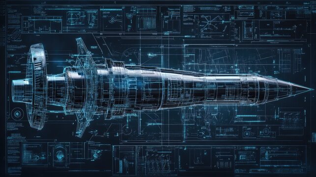 Futuristic turbine engine blueprint in holographic design