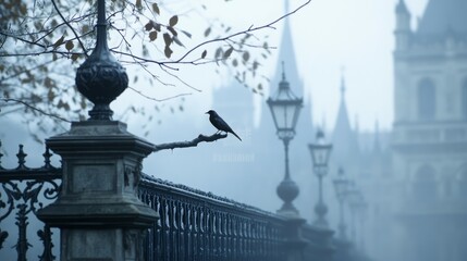 Fototapeta premium A misty landscape featuring a bird perched on a branch near vintage street lamps.