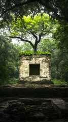 Ancient stone ruin in lush forest