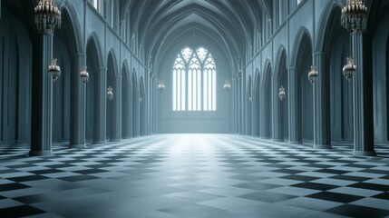 Obraz premium A vast, elegant hall with arched ceilings and a checkered floor, illuminated by large windows.