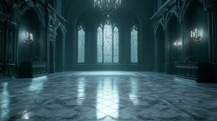 Fototapeta premium A dimly lit, grand hall with gothic architecture and intricate windows.