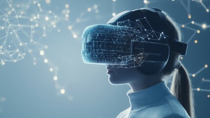 A person wearing a futuristic VR headset, immersed in a digital environment.