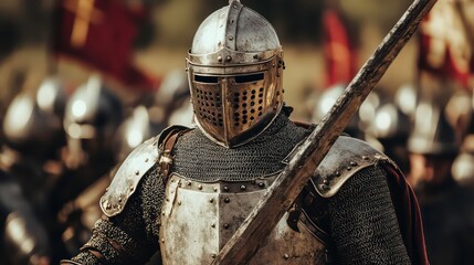 Naklejka premium A knight in armor leading a medieval army on a battlefield.
