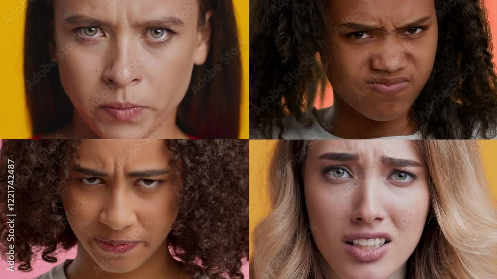 Poster This collection showcases a diverse set of individuals displaying a range of emotions, from anger to frustration, against vibrant, colorful backgrounds.
