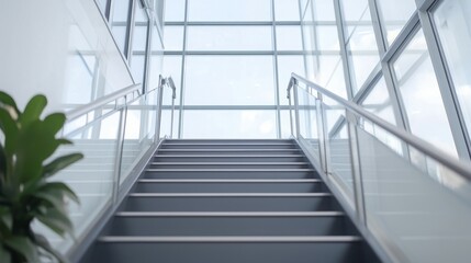 A modern staircase leading to a bright, glass-walled space.