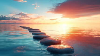 Serene Sunset Over Tranquil Water Pathway