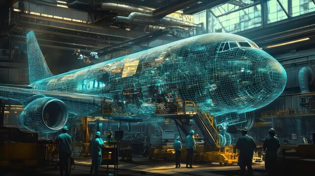 A large airplane being designed in an industrial setting with holographic wireframe blueprints floating around it, workers standing and working on the plane,