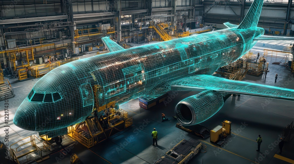 Poster a large airplane being designed in an industrial setting with holographic wireframe blueprints float