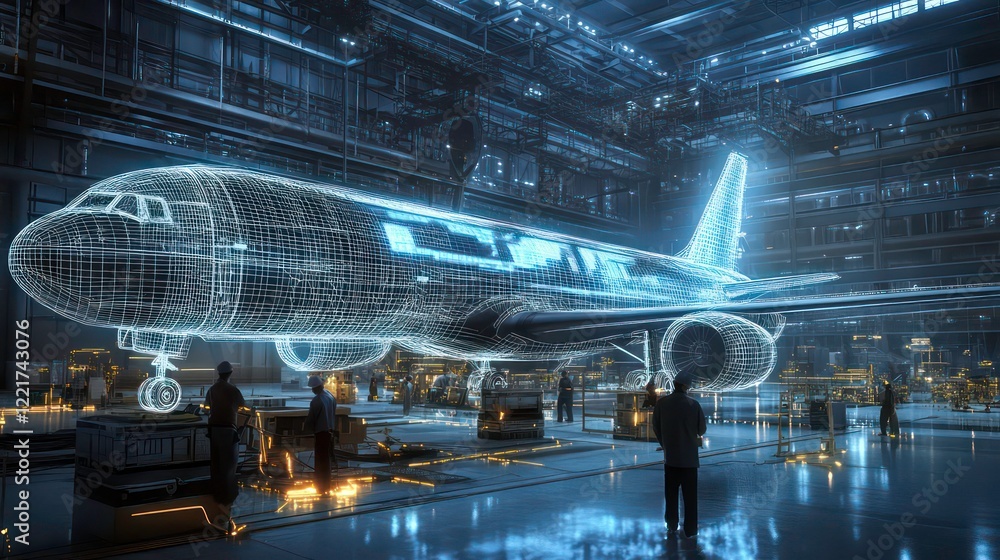 Poster a large airplane being designed in an industrial setting with holographic wireframe blueprints float