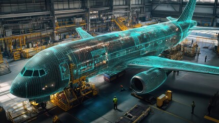 A large airplane being designed in an industrial setting with holographic wireframe blueprints floating around it, workers standing and working on the plane,