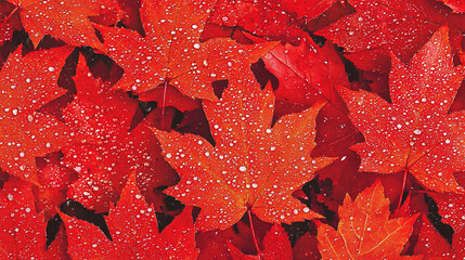Vibrant red maple leaves covered in droplets, creating a rich autumn scene with natural beauty