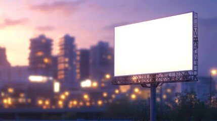 Fototapeta premium A large blank billboard stands on a city sidewalk at dusk. The background is blurred, showing city buildings and streetlights. Perfect for advertisement mockups.