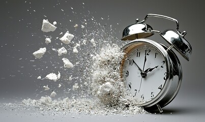 Alarm clock exploding on gray background, time running out concept, ideal for time management visuals