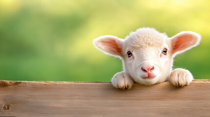 Cute lamb peeking over a wooden fence in a green field