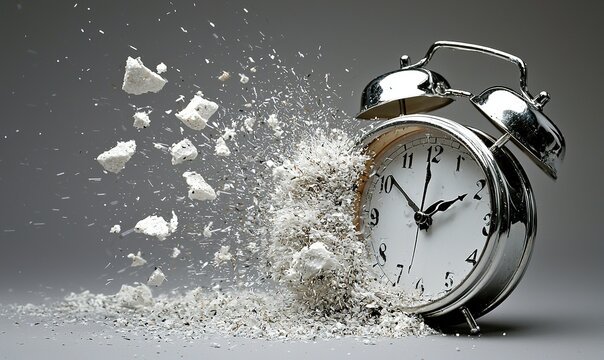 Alarm clock exploding on gray background, time running out concept, ideal for time management visuals