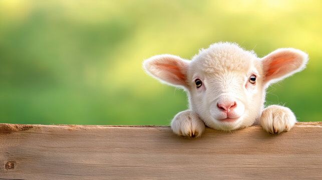 Cute lamb peeking over a wooden fence in a green field
