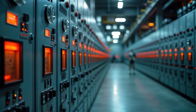 Industrial plant switchgear system organized. Many electrical equipment panels, controls. Power meters, breakers. Person in background. Organized electrical room. Industrial tech equipment. High-tech