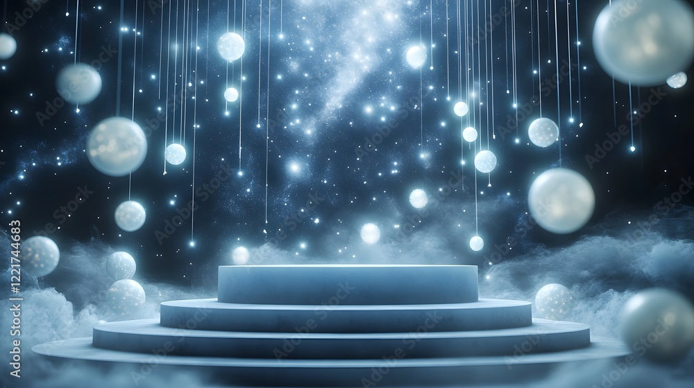 Poster a podium surrounded by soft floating orbs of light against a dark, starry background, creating a dre