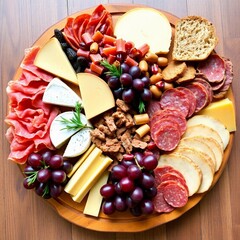 Charcuterie board with assorted cheeses, processed meats, wine, bread and other snacks.