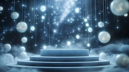 A podium surrounded by soft floating orbs of light against a dark, starry background, creating a dreamy, otherworldly atmosphere