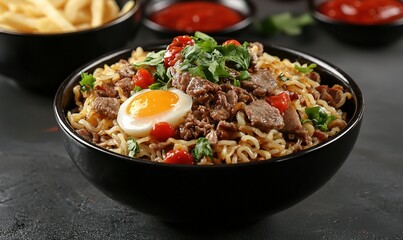 Beef and egg ramen noodles with chili and herbs in bowl, fries, sauces, dark background, food photography