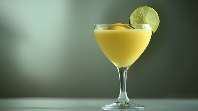 Refreshing yellow cocktail garnished with a lime wedge, served in a stemmed glass. Perfect for a summer day.