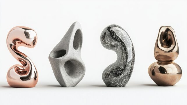 generic modern abstract decor sculpture in deferent chrome cement stone rose gold and glossy materials for home or public park area or decoration concepts isolated on white background