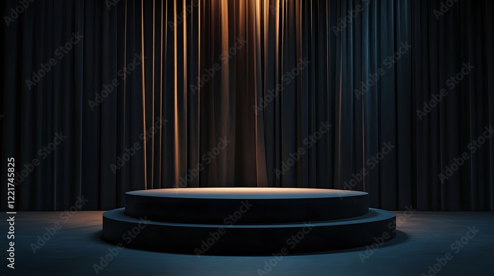 Aufkleber a podium on an empty stage with minimal lighting, with dark curtains in the background and a simple,