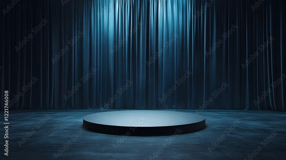 Poster a podium on an empty stage with minimal lighting, with dark curtains in the background and a simple,