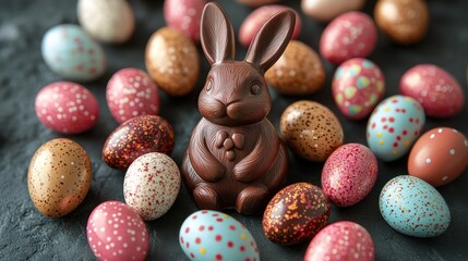 Obraz premium Festive scene of a chocolate bunny surrounded by vibrant Easter eggs on a soft textured surface