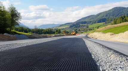 Geogrids on road bases, road construction and reinforcement are covered with fine gravel