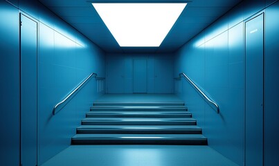 Fototapeta premium Blue hallway with stairs, doors, and bright ceiling light. Modern, empty interior space